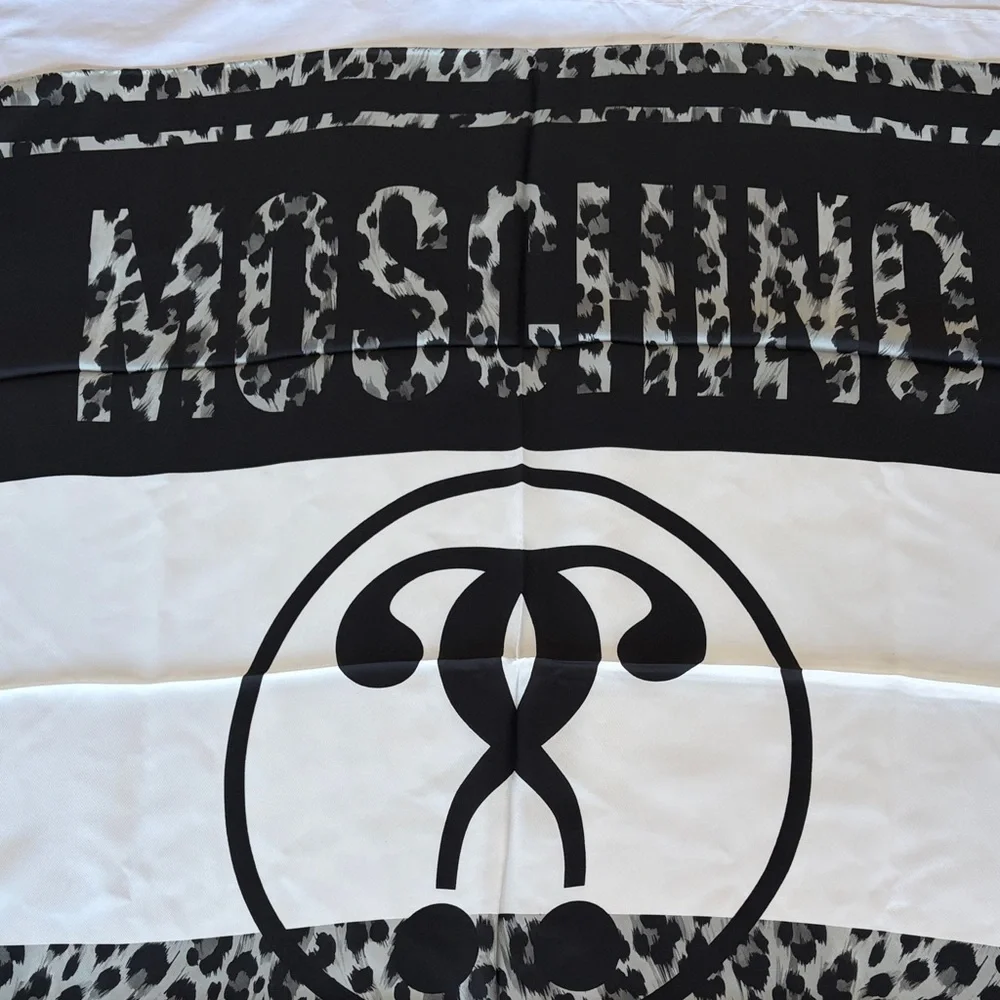 Moschino Leopard Print Silk Scarf Black and White Square NWT